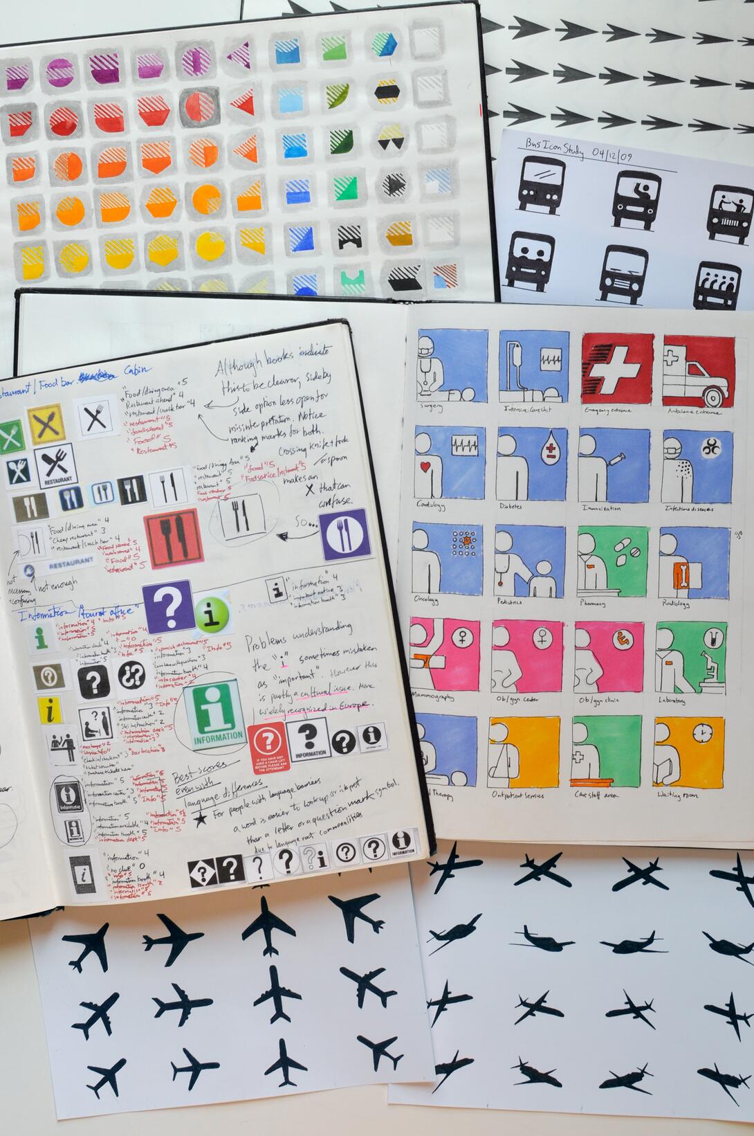 photograph of open sketchbooks with icons and colorful symbols arranged in rows - drawn by William Bardel