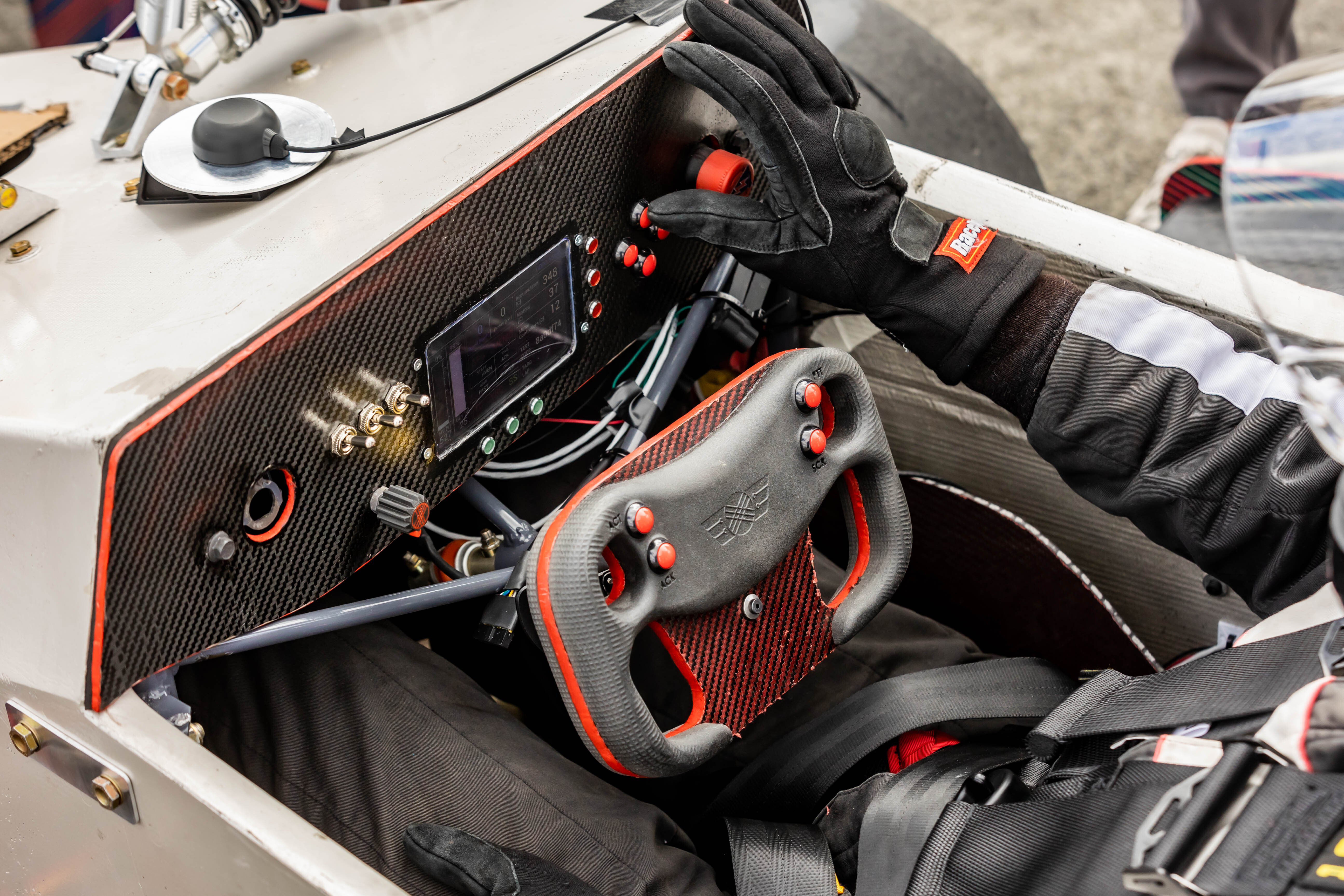 A steering wheel in a race car