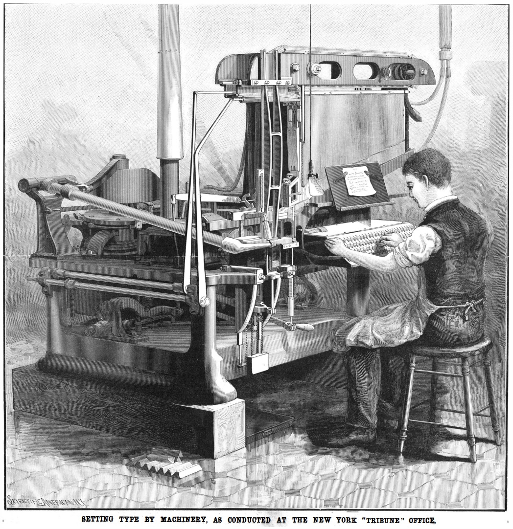 An old illustration of a man at a Linotype machine