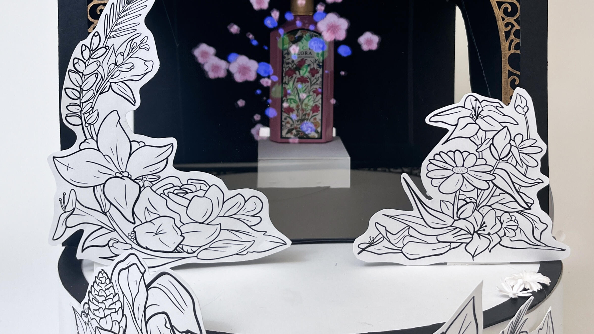 A bottle of perfume with a holographic effect around it
