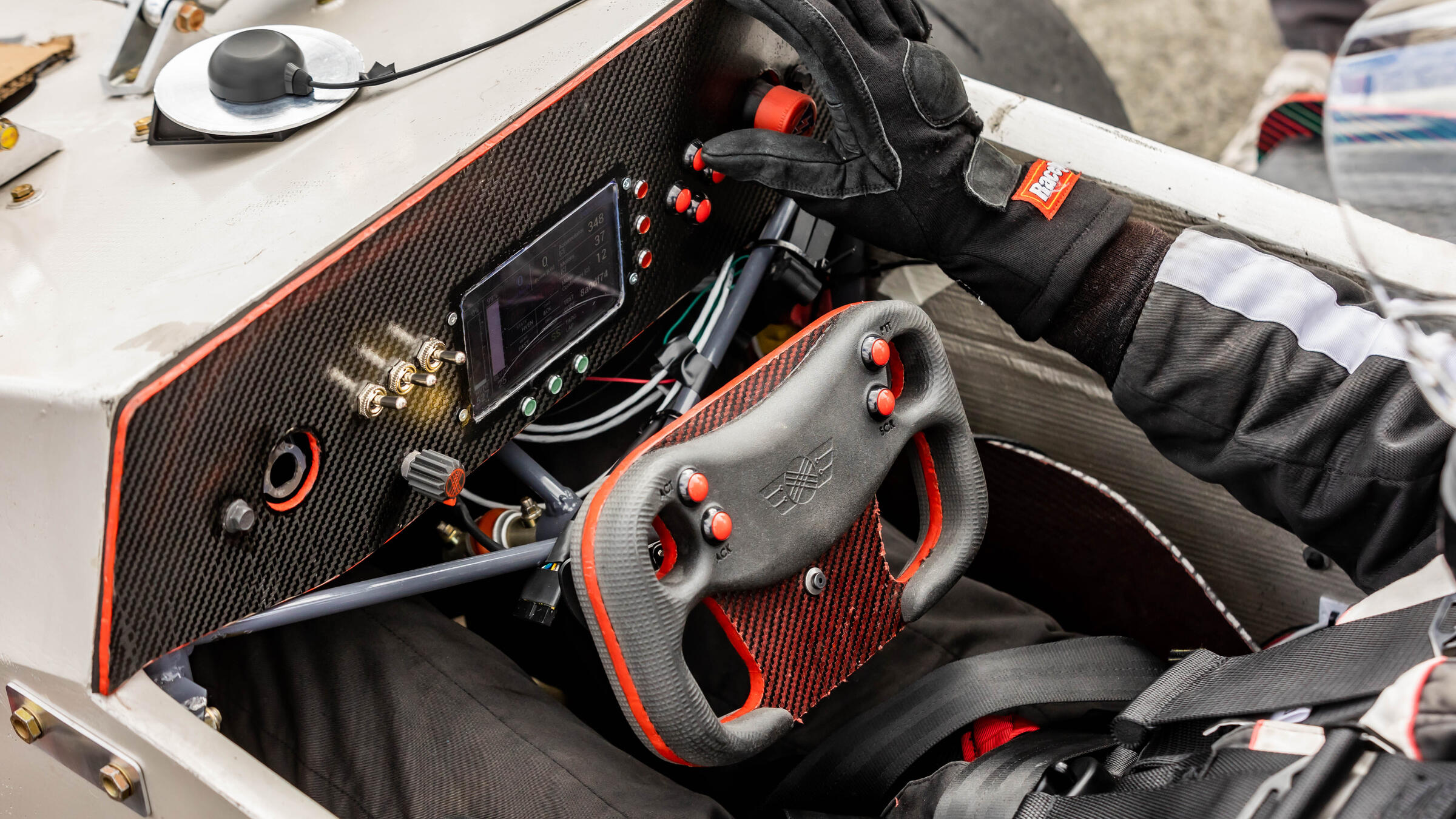 A steering wheel in a race car
