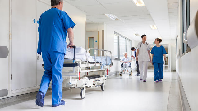 Doctors and nurses in a hospital hallway