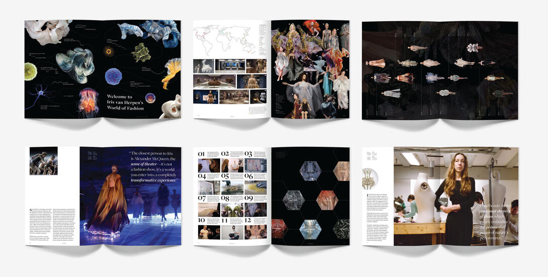 Spreads of a design booklet featuring Iris Van Herpen